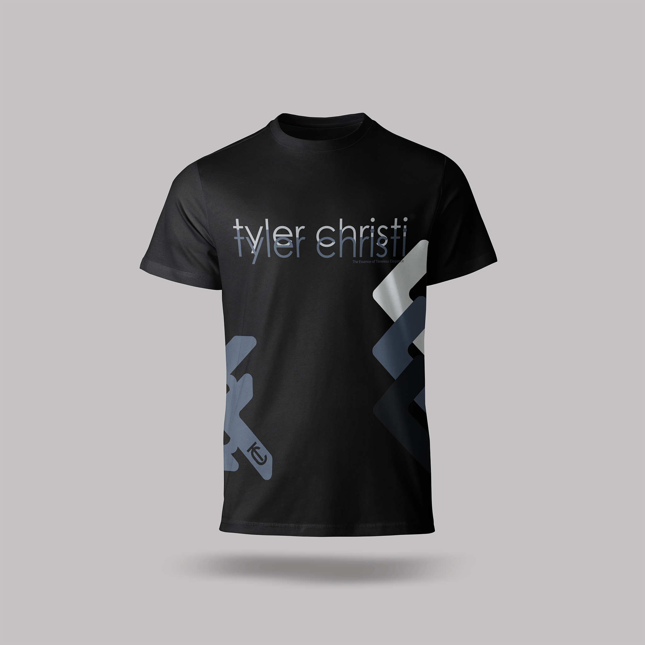 Black t-shirt with 'tyler christi' printed on a gray background