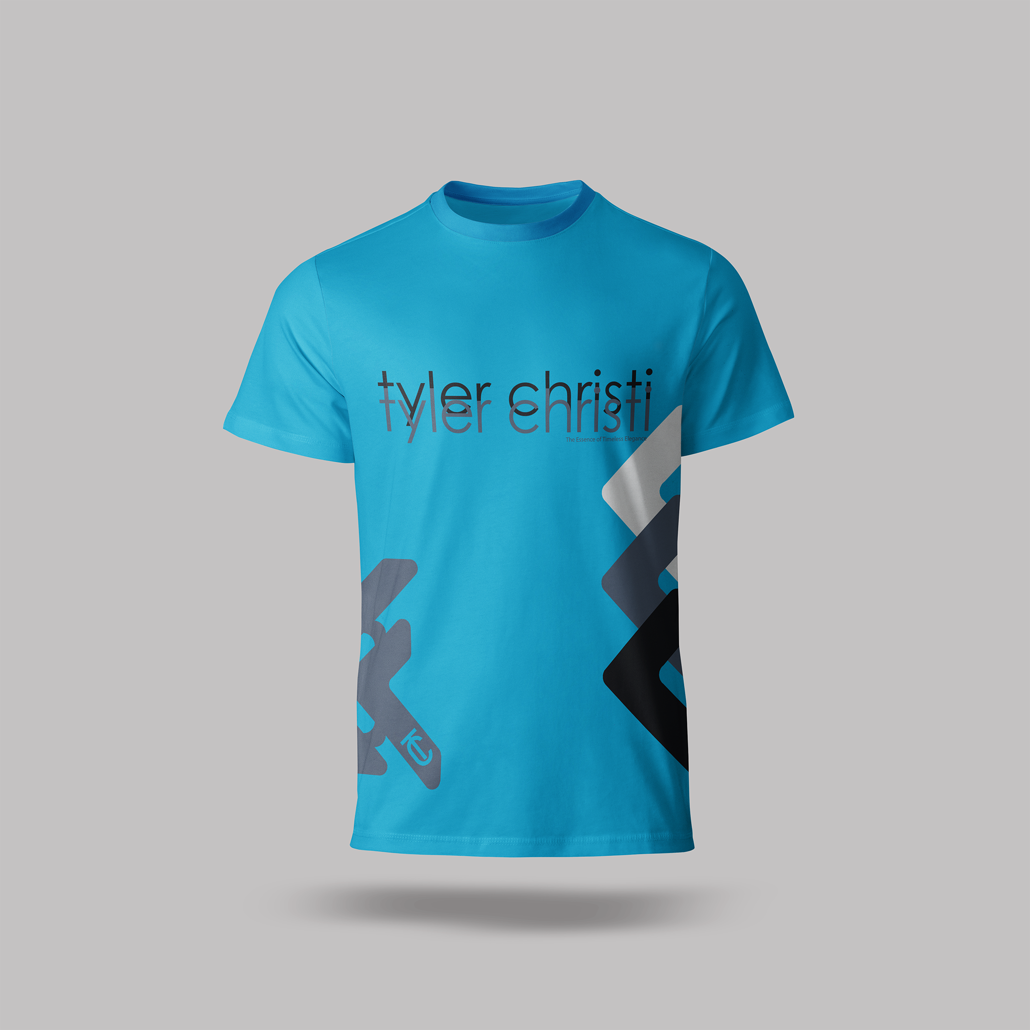 Blue t-shirt with 'tyler christi' printed on a gray background