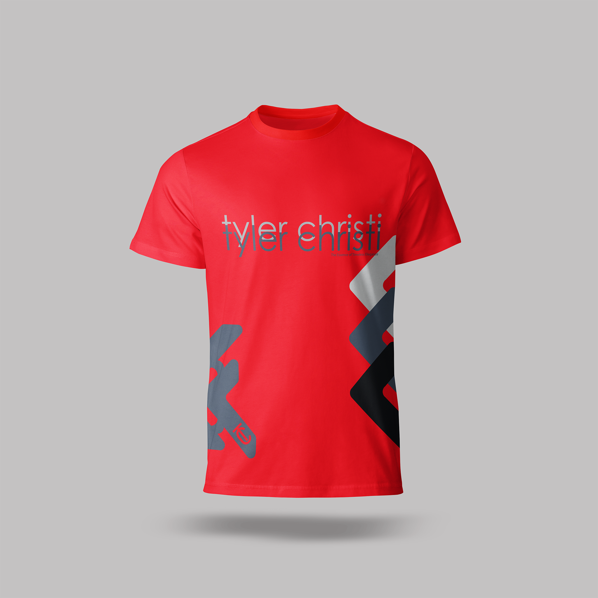 Red t-shirt with 'tyler christi' printed on a gray background
