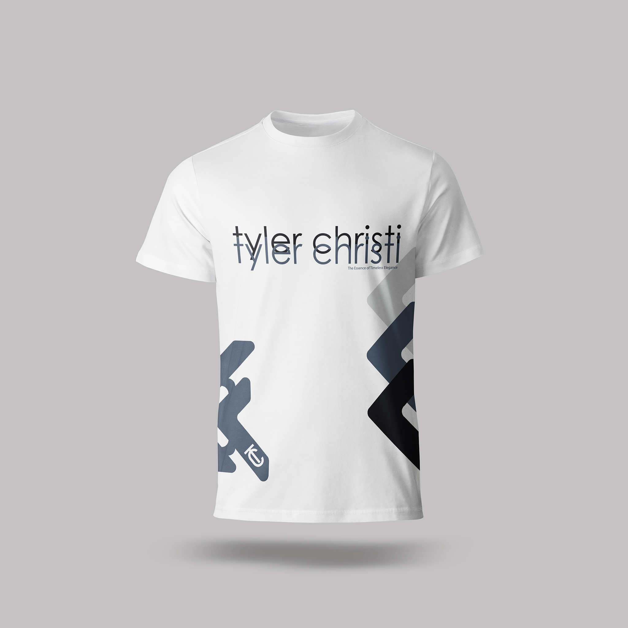 White t-shirt with 'tyler christi' printed on a gray background