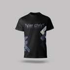 Black t-shirt with 'tyler christi' printed on a gray background